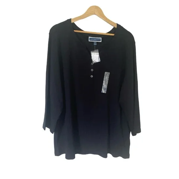 NEW‎ Karen Scott Plus Size 3/4-Sleeve Henley Top, Deep Black Sz-2X Plus Size - Picture 2 of 9